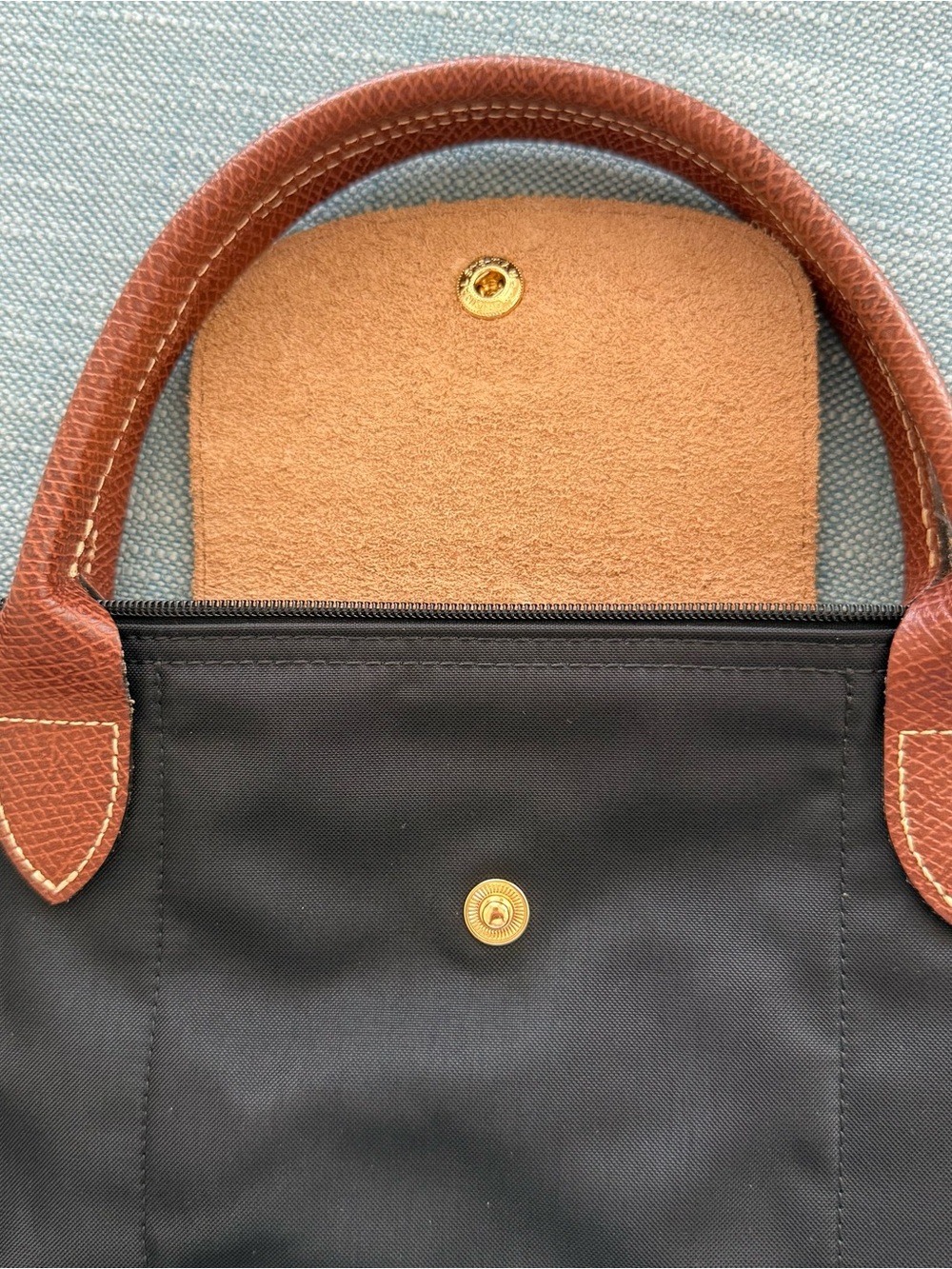 Longchamp Le Pliage Original Medium Tote Black Nylon Brown Leat - Picture 6 of 9